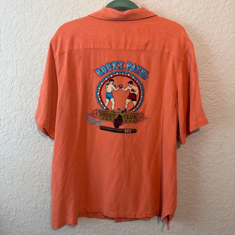 Rocky Patel Fight Club Embroidered Silk Button Down Shirt Large Orange Boxing